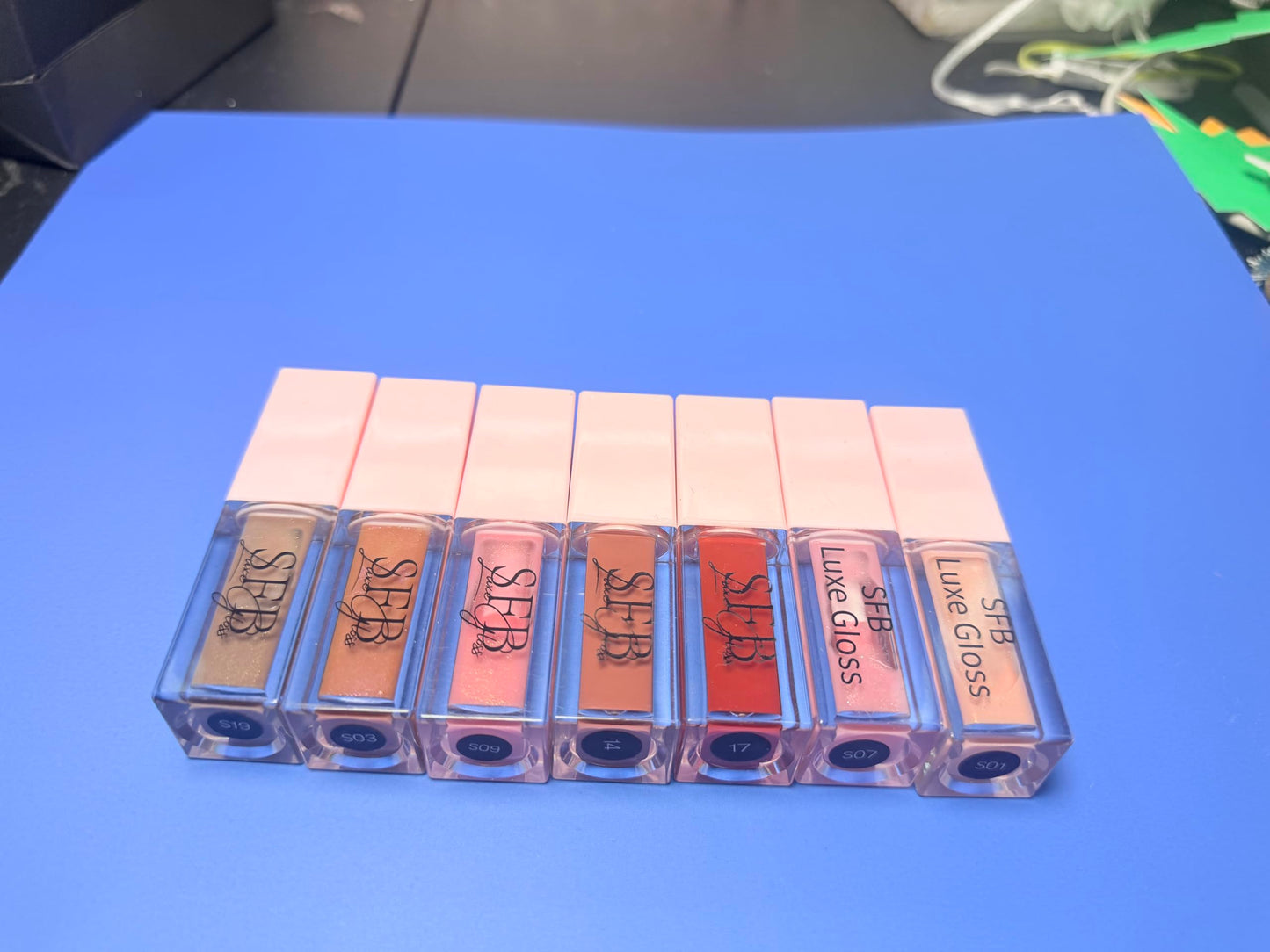 SFB Luxe Lip Gloss Collection, 7 Shades, Clear and Pink Tones, Professional Makeup Set