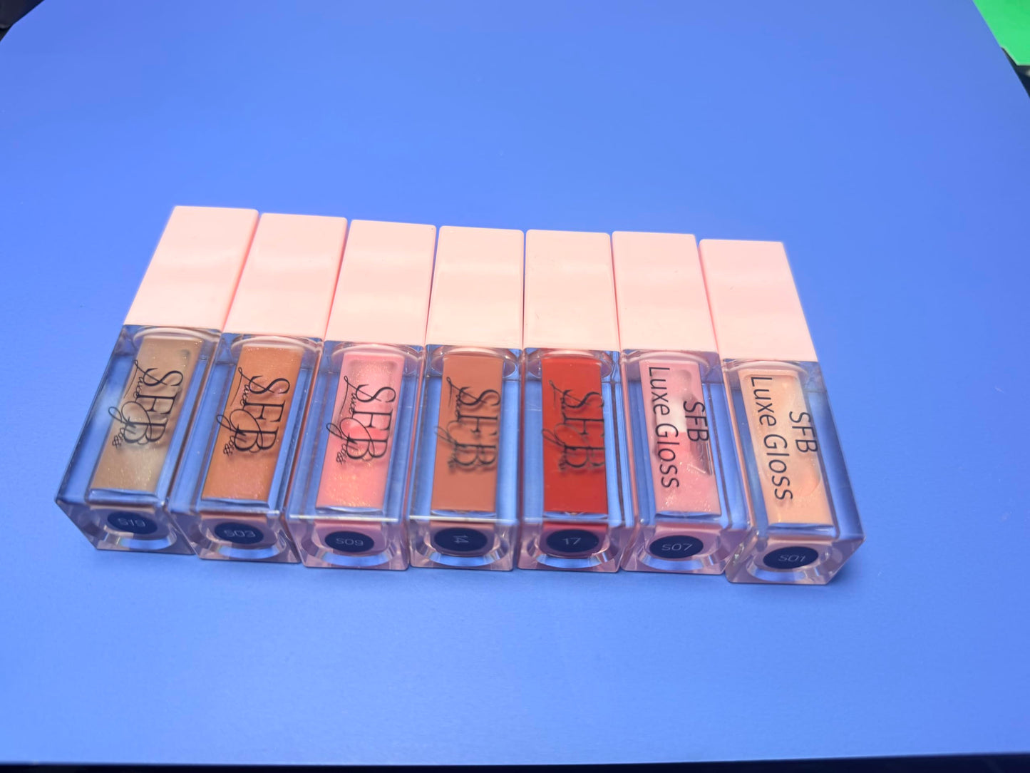 SFB Luxe Lip Gloss Collection, 7 Shades, Clear and Pink Tones, Professional Makeup Set