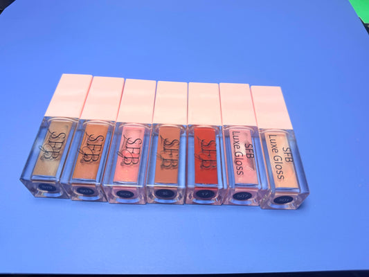 SFB Luxe Lip Gloss Collection, 7 Shades, Clear and Pink Tones, Professional Makeup Set