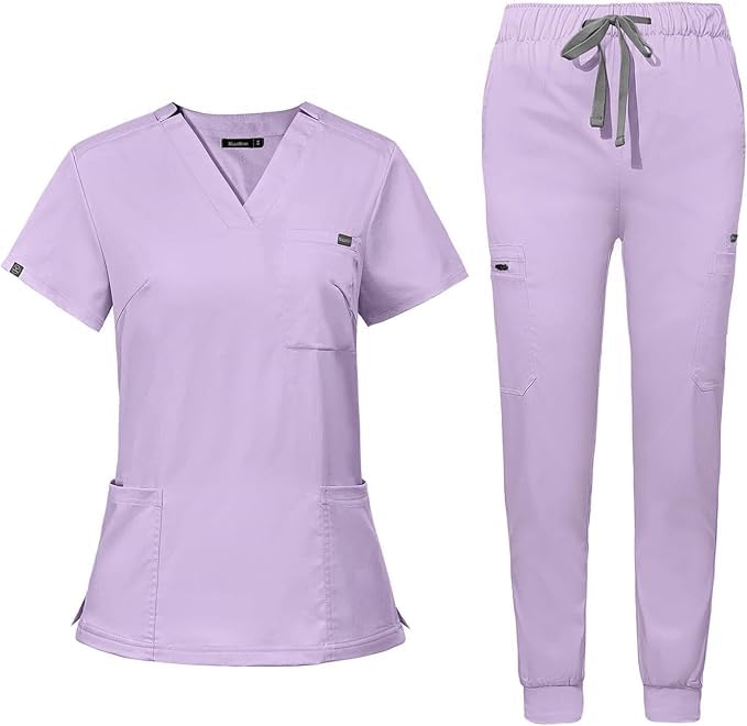 Scrubs for Women Set Women's V-Neck Top & Jogger Scrub Pants Uniform with 8 Pockets
