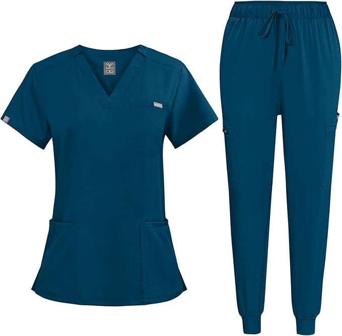Scrubs for Women Set Women's V-Neck Top & Jogger Scrub Pants Uniform with 8 Pockets